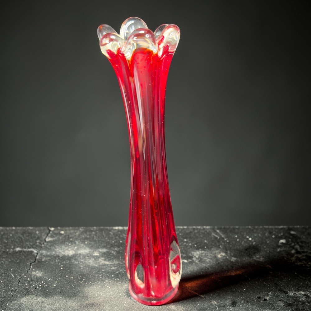Vintage Ruby Red Swung Glass Bud Vase Ruffled Finger Rim Mid Century Modern‎ VTG